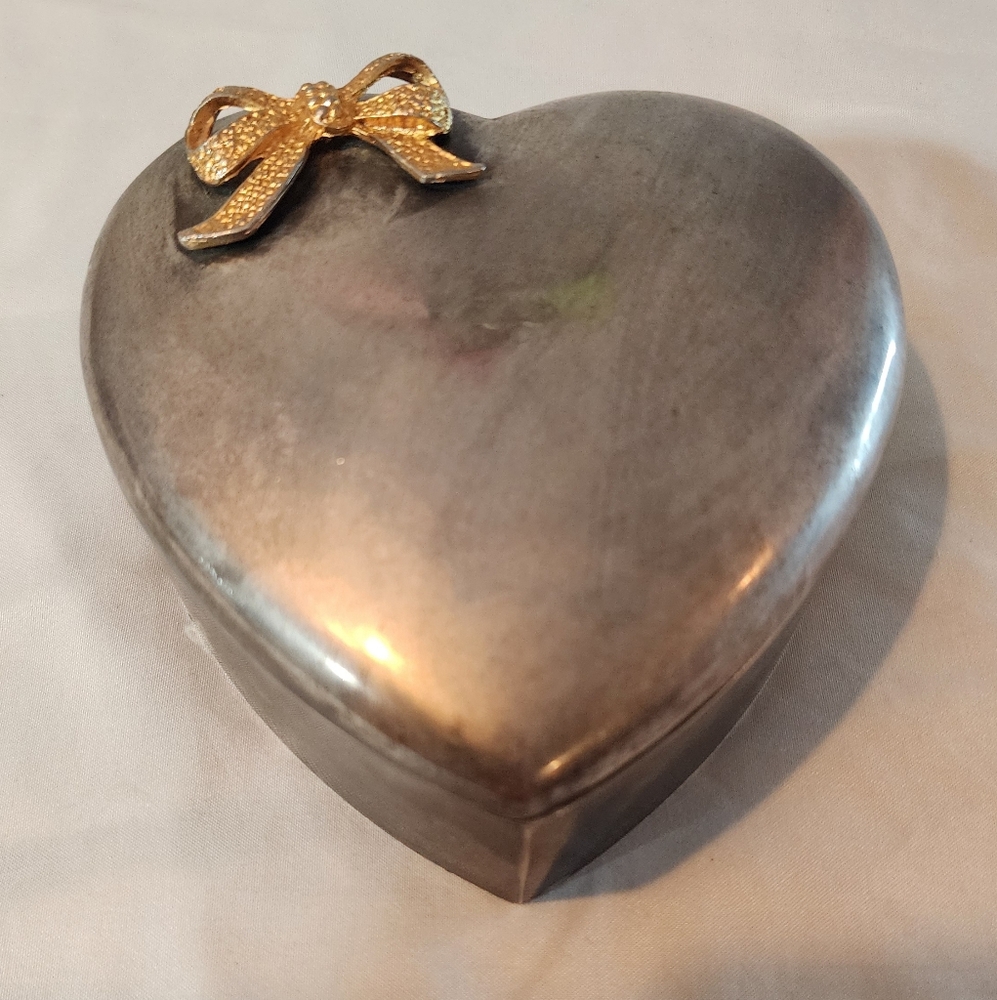 Vintage Vanity Heart-shaped Trinket Box, Silver Plated with Gold Bow